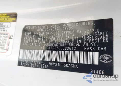 2006 Toyota Camry Solara Sle V6 from USA, damaged, VIN 4T1CA30P76U083643